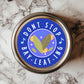 A round sticker with a blue background featuring the text 'DON'T STOP BAY-LEAF-ING' and an illustration of a bay leaf and musical notes.