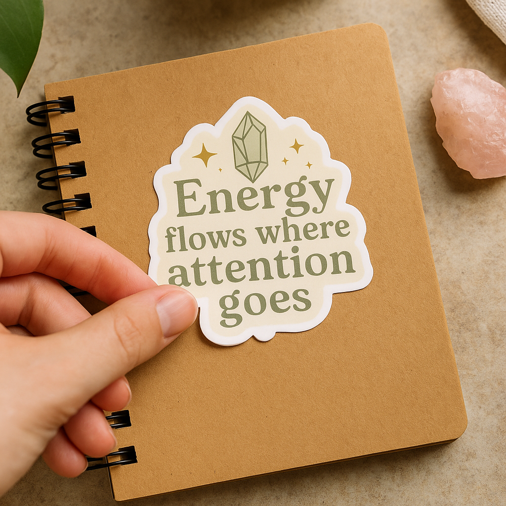 Brown notebook with a hand holding a sticker that says 'Energy flows where attention goes' on a beige surface.