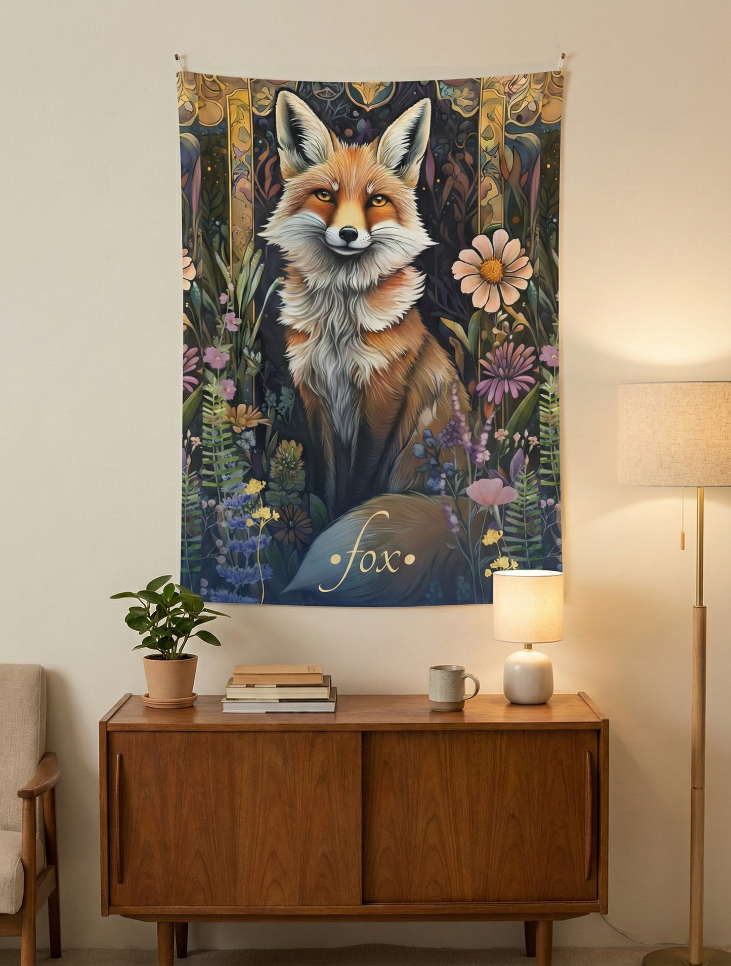 Bohemian Fox Wall Tapestry showcasing a vibrant nature-inspired design with a playful fox amidst lush forest flora, perfect for enhancing any home décor.
