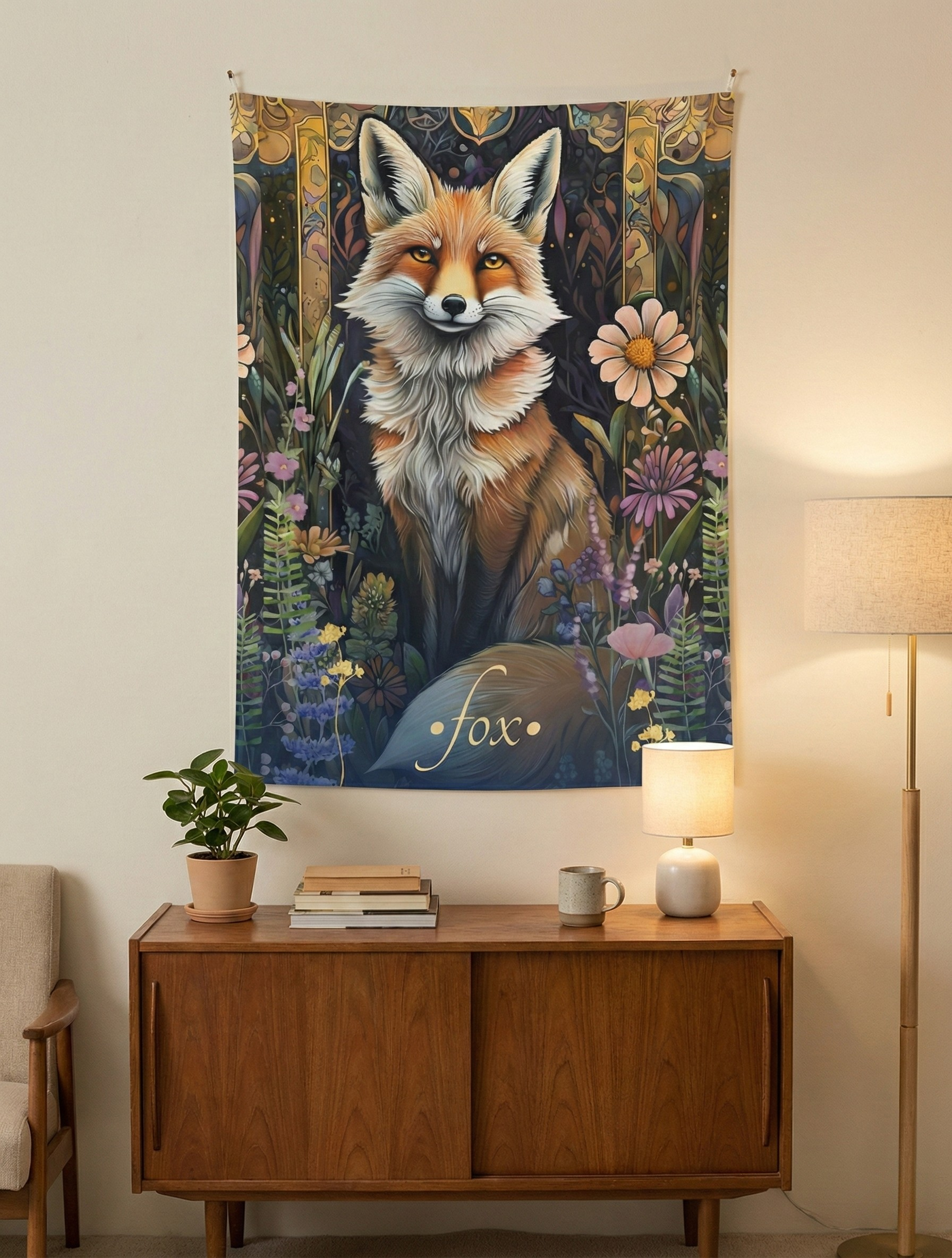 Bohemian Fox Wall Tapestry showcasing a vibrant nature-inspired design with a playful fox amidst lush forest flora, perfect for enhancing any home décor.