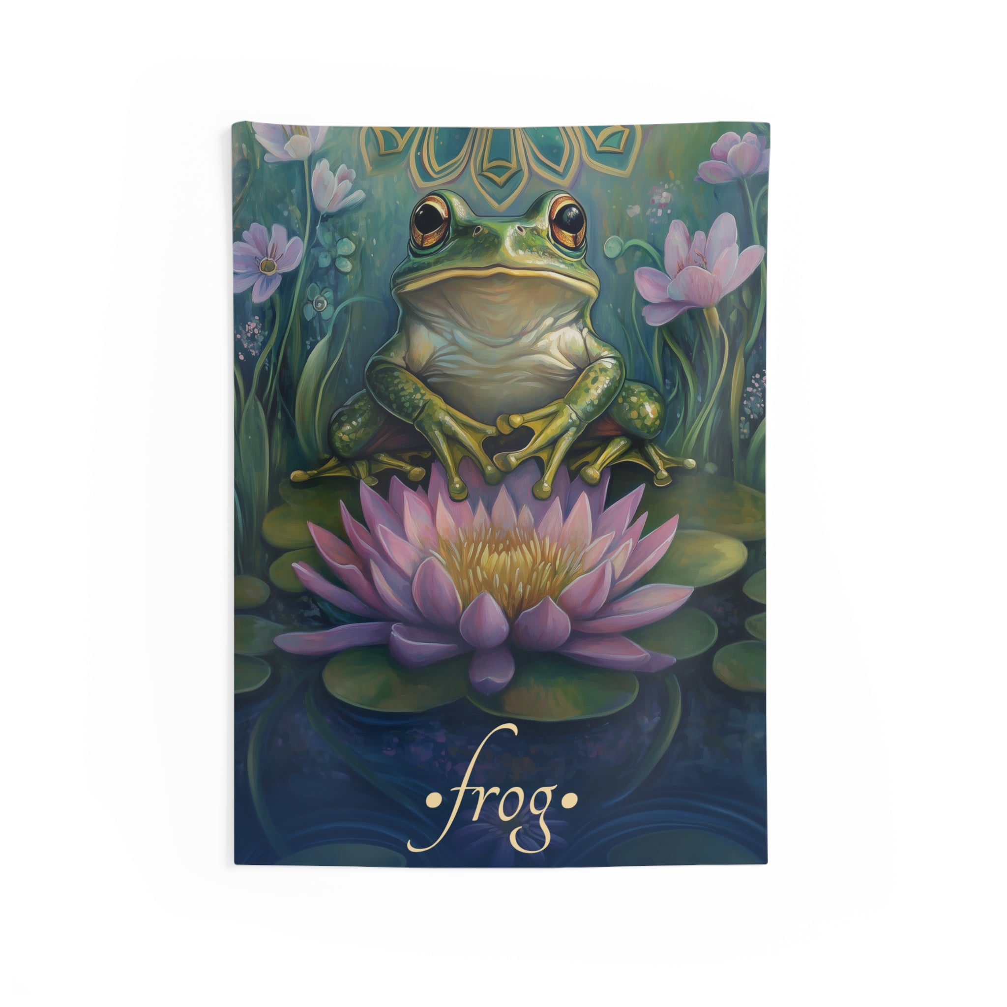 A wall tapestry featuring a vibrant illustration of a frog sitting on a lotus flower, surrounded by green foliage and pink lilies.