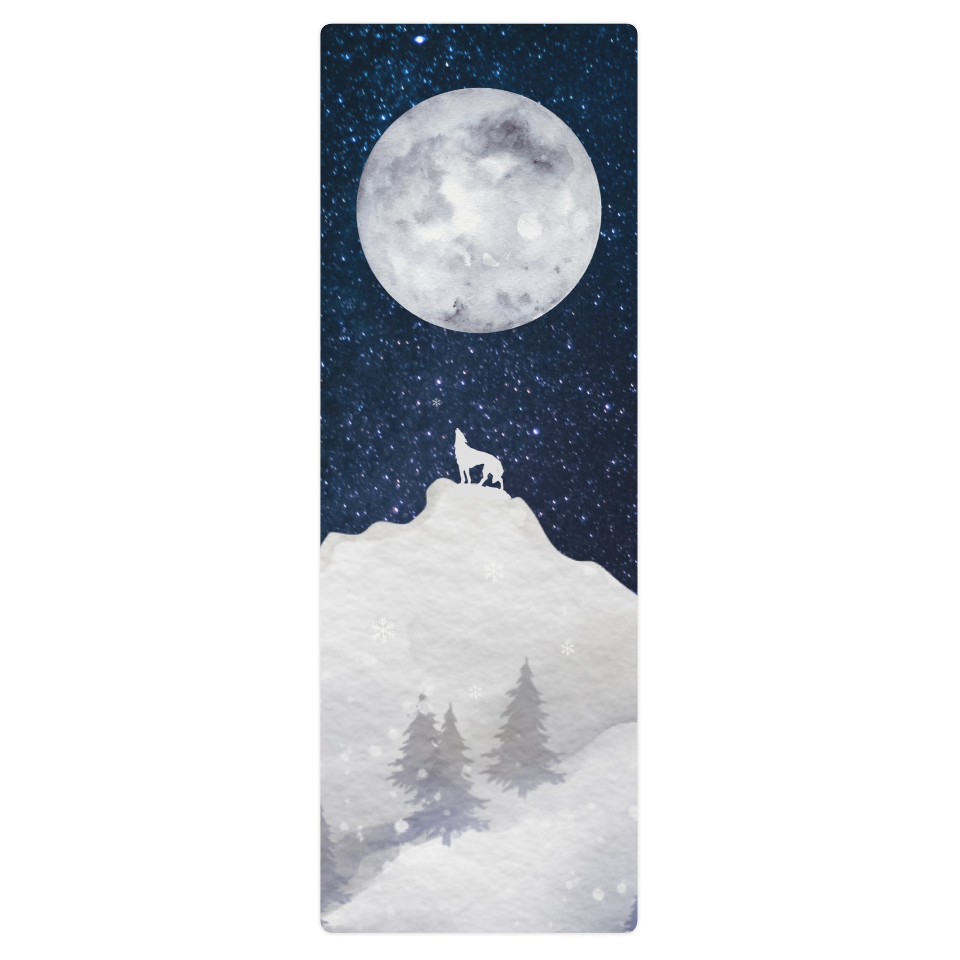 Howling moon yoga mat featuring a wolf silhouette on a snowy hill beneath a full moon in a starry night sky.