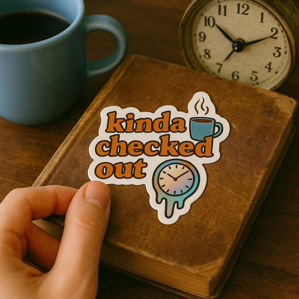 Sticker with 'kinda checked out' text on a book next to a mug and clock
