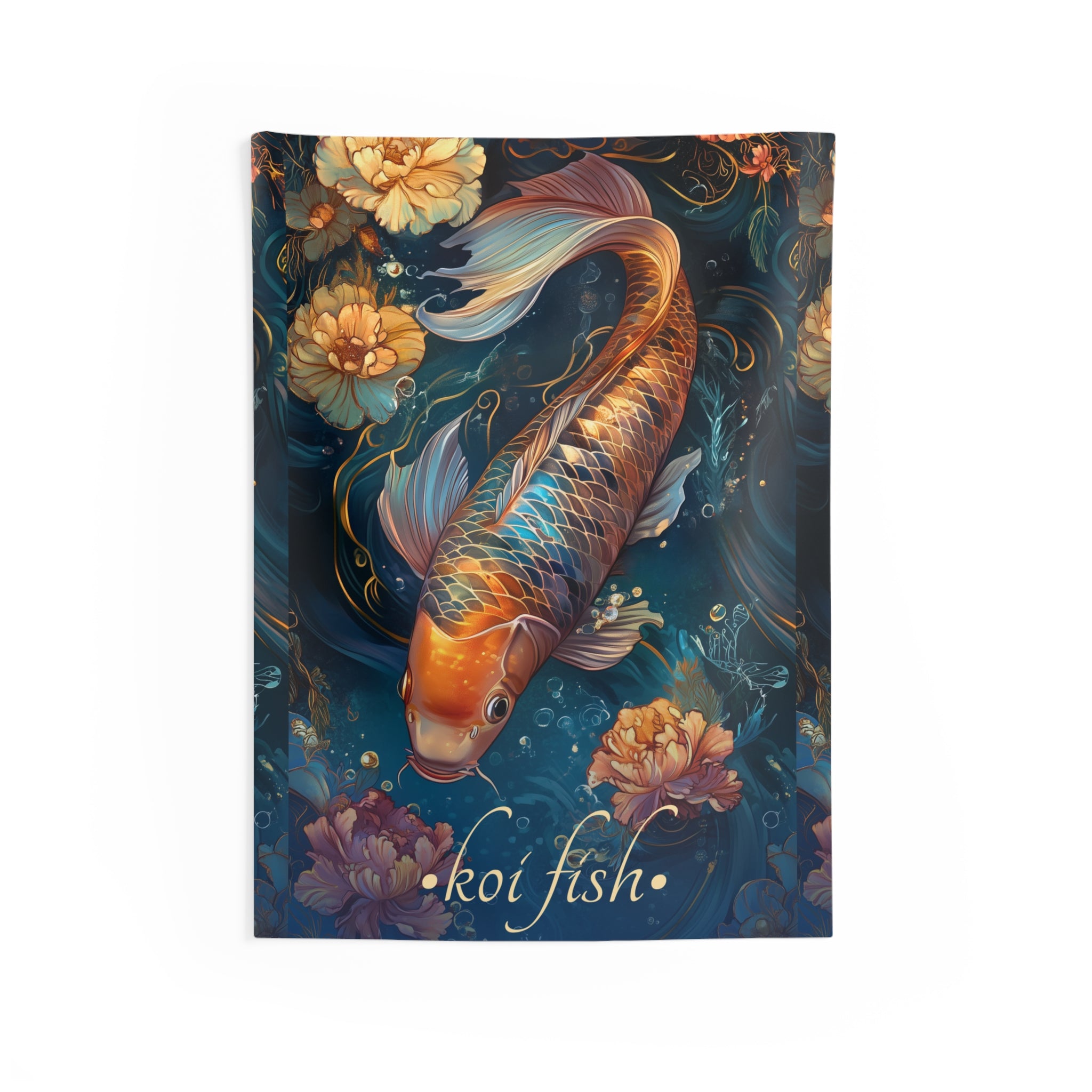 A wall tapestry featuring a golden koi fish swimming in an underwater scene with various colorful flowers.