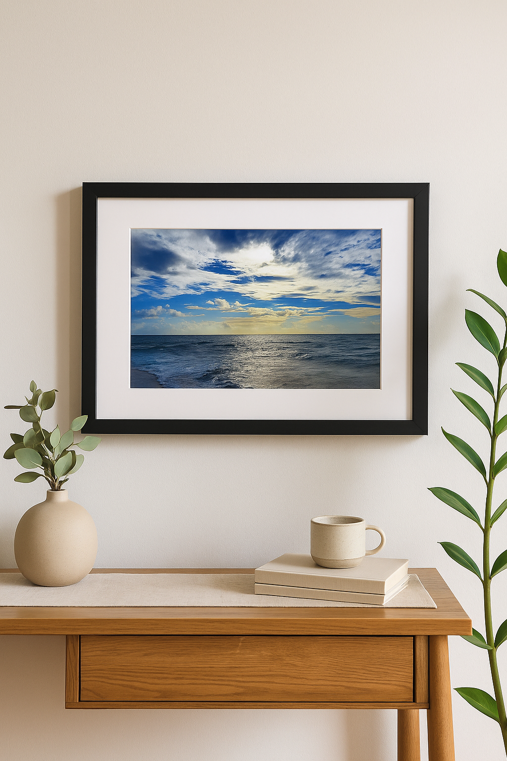Framed artwork of a blue sky and ocean on a wall above a wooden desk with decor items.