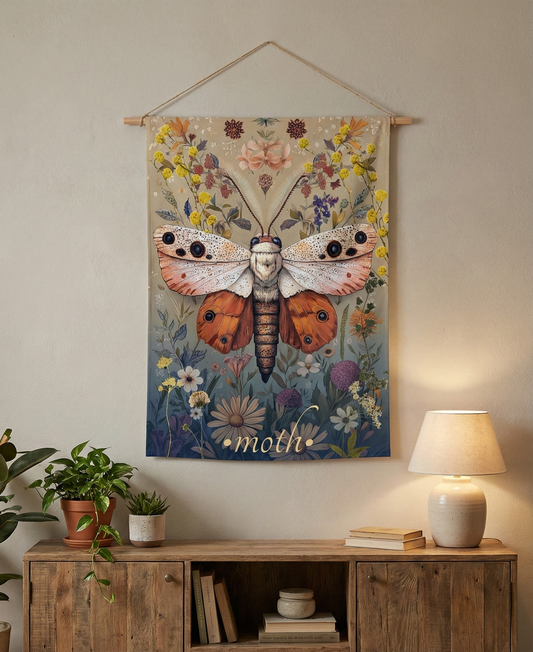 Moth Wall Tapestry - Nature-Inspired Art Featuring Delicate Wings and Wildflowers