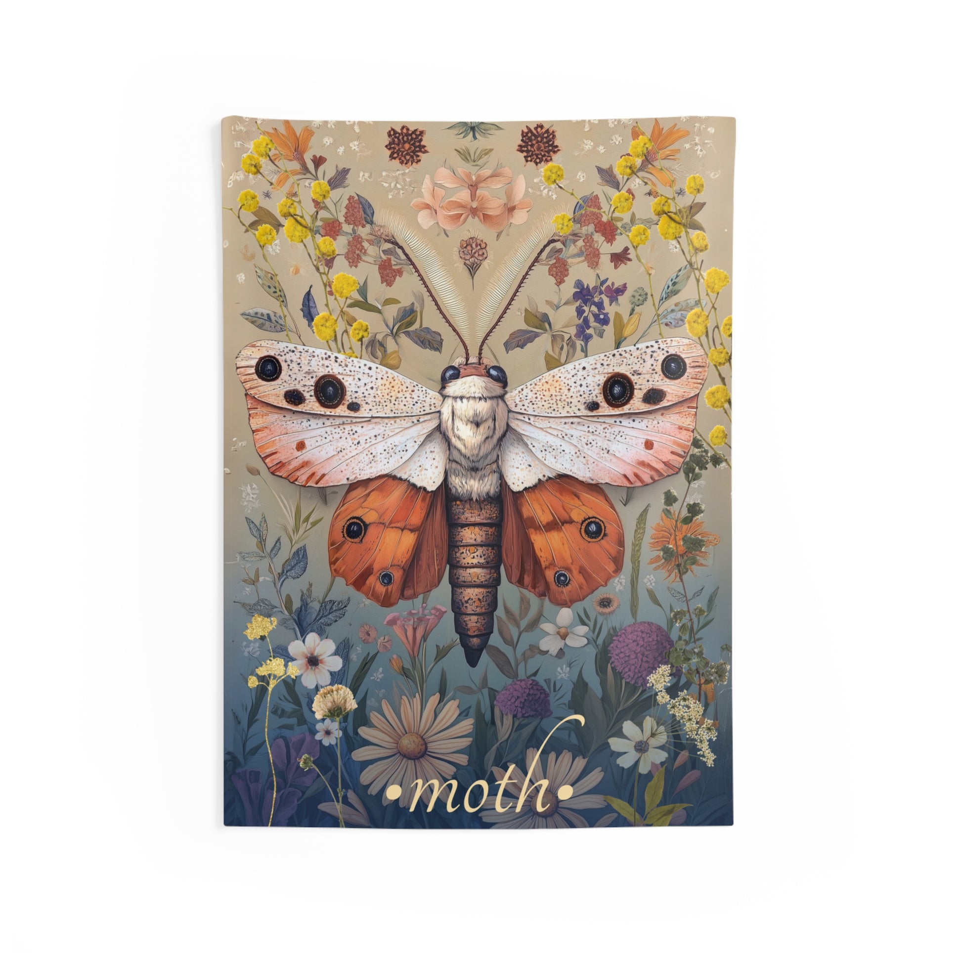 A rectangular wall tapestry featuring a detailed illustration of a moth with wildflowers in the background, predominantly in autumn colors.