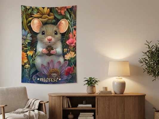Gentle Mouse Wall Tapestry – Whimsical 100% Polyester Art for Nature-Inspired Home Decor