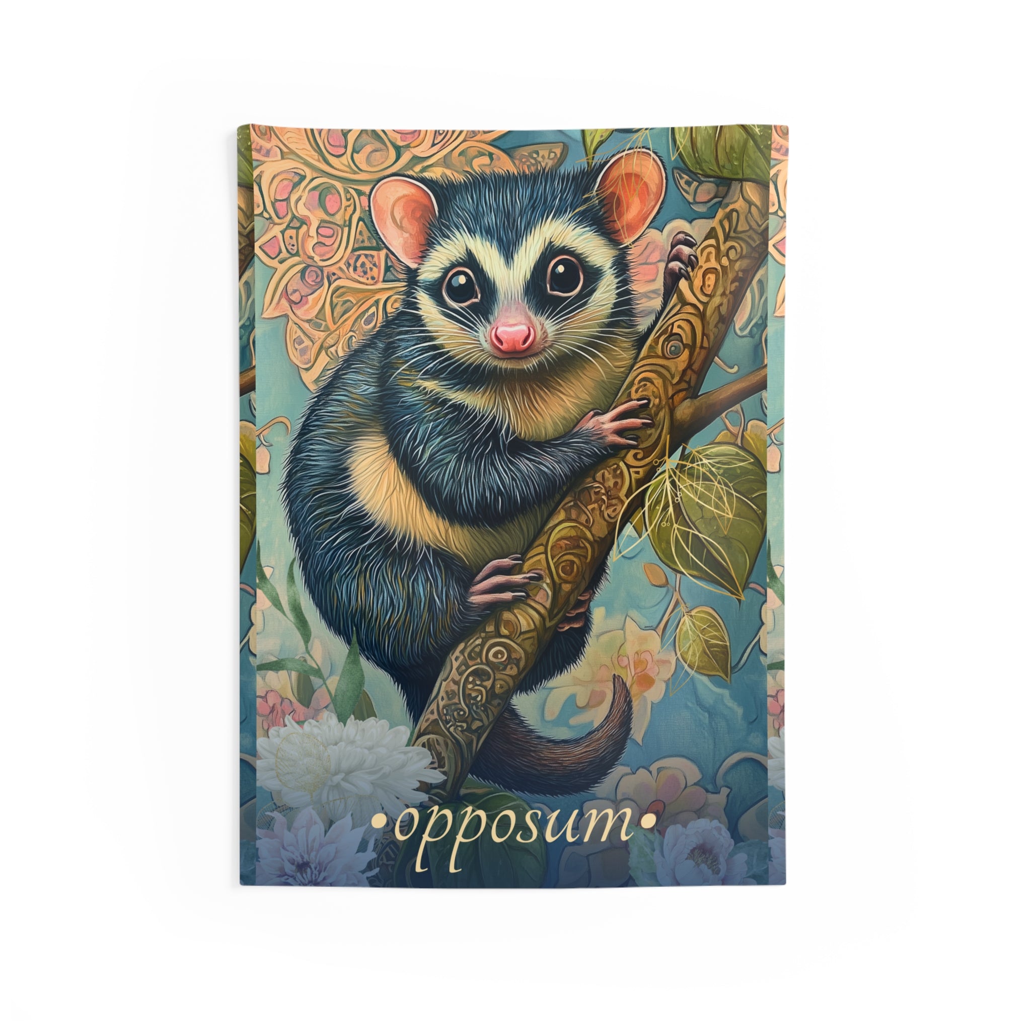 A wall tapestry featuring a whimsical illustration of an opossum surrounded by floral elements, with the word 'opossum' at the bottom.