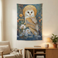 Celestial Owl Wall Tapestry by Printify showcasing a radiant barn owl surrounded by wildflowers and a sun halo, perfect for animal tapestry, bedroom wall decor, and cozy home accents, ideal for modern tapestry art enthusiasts looking for nature wall hanging options.