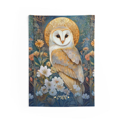 Celestial Owl Wall Tapestry by Printify featuring a detailed barn owl illustration with floral elements, great for boho wall art and indoor wall decor, adding a touch of owl home decor to your living room art or bedroom decor for a cozy vibe.