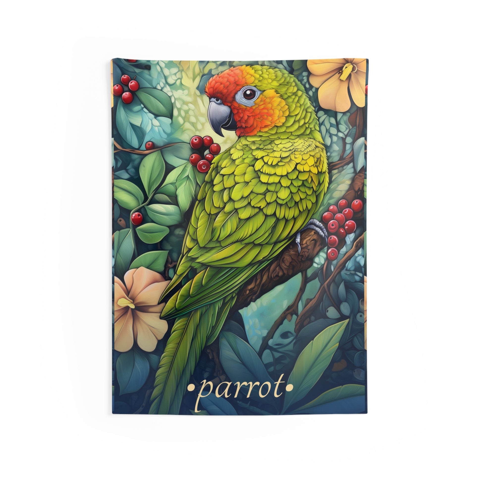 A wall tapestry featuring a vibrant illustration of a green and orange parrot surrounded by tropical plants and berries.