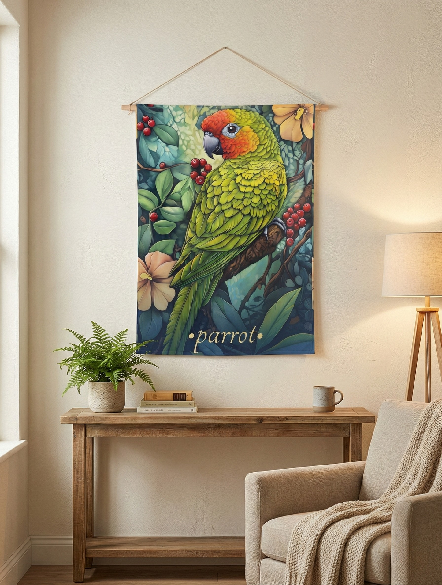 Vibrant Tropical Parrot Wall Tapestry – Colorful Jungle Art for Boho and Meditation Spaces