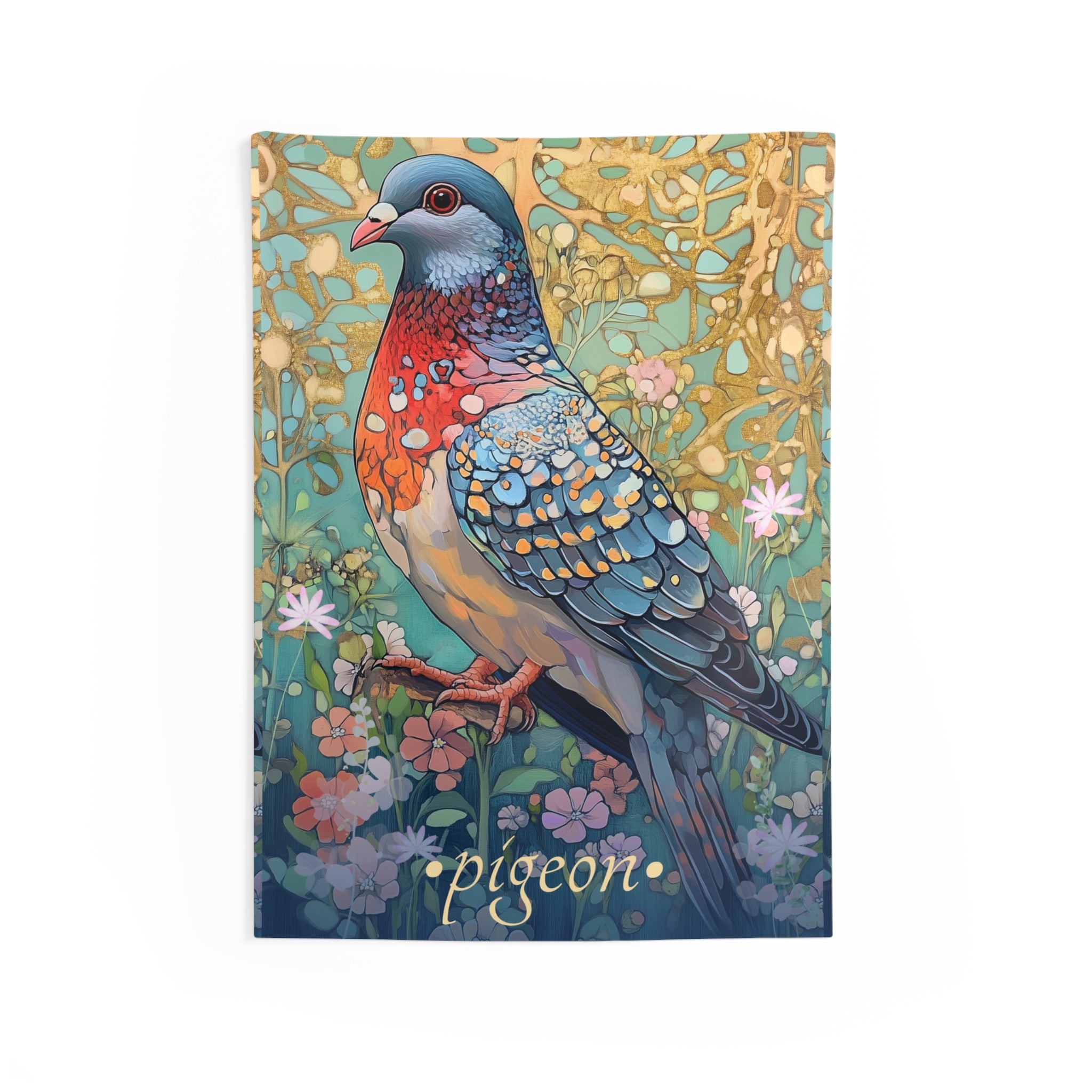 A colorful wall tapestry featuring a detailed and iridescent depiction of a pigeon with a floral pattern in the background.