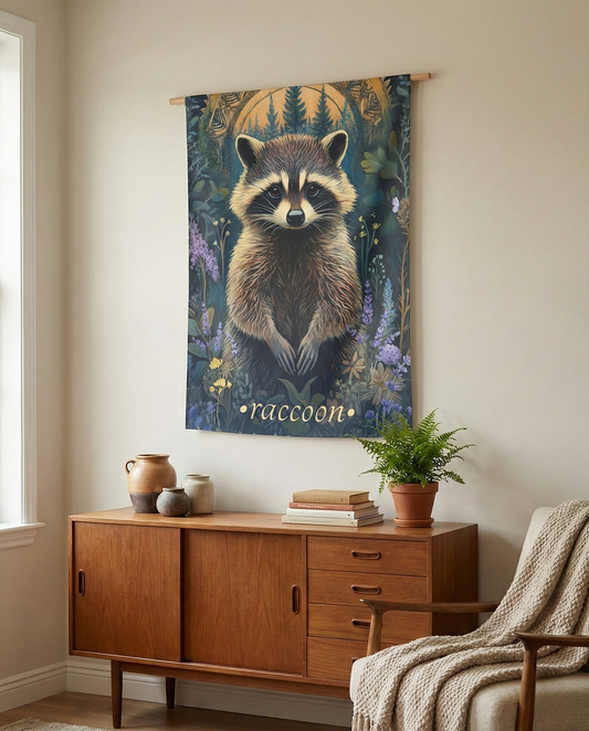 Charming Raccoon Wall Tapestry, a stunning example of nature wall decor, featuring vibrant illustrations of a curious raccoon amidst enchanting woodland motifs to beautify your living space.
