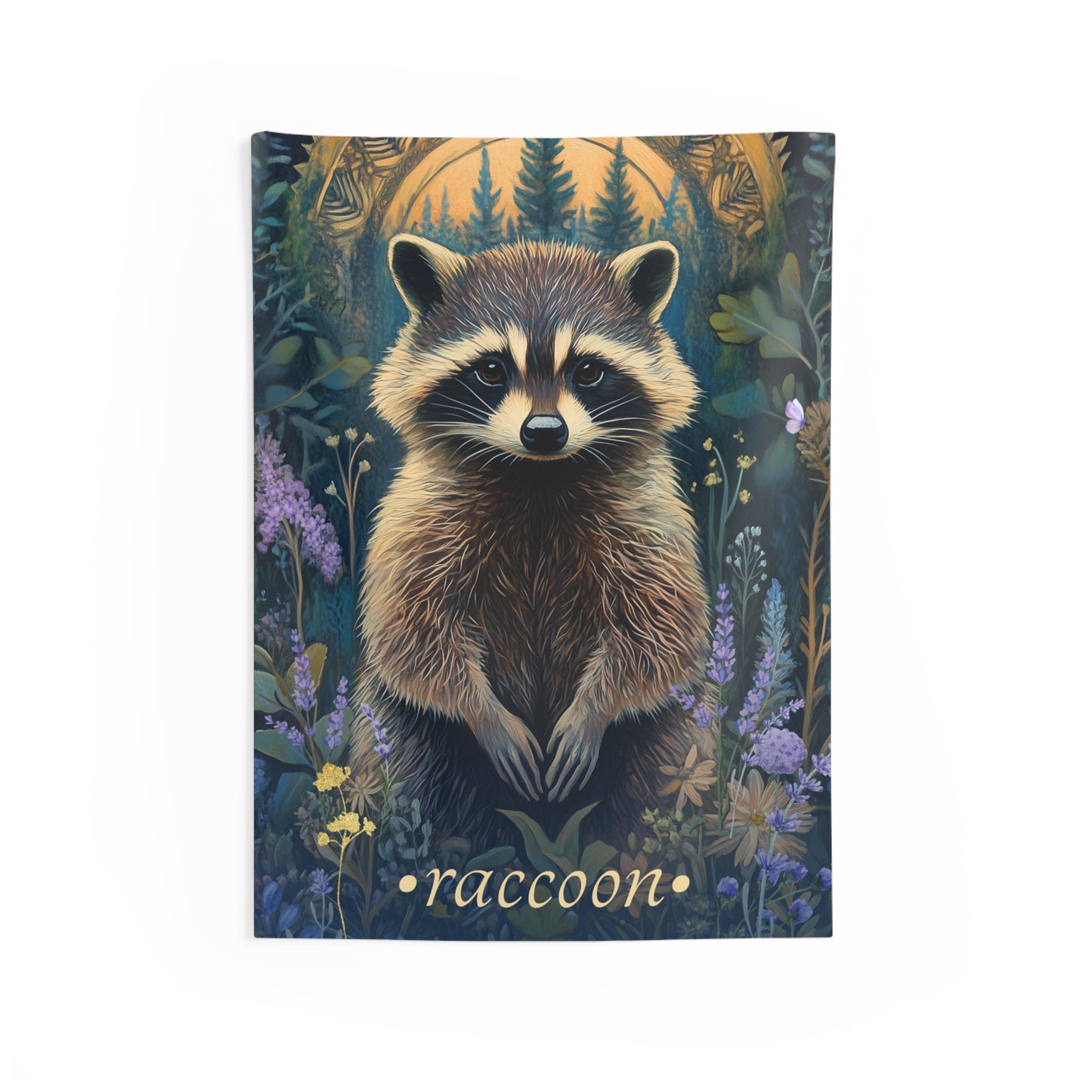 A wall tapestry featuring a whimsical illustration of a raccoon in a forest setting with wildflowers and a glowing woodland arch.