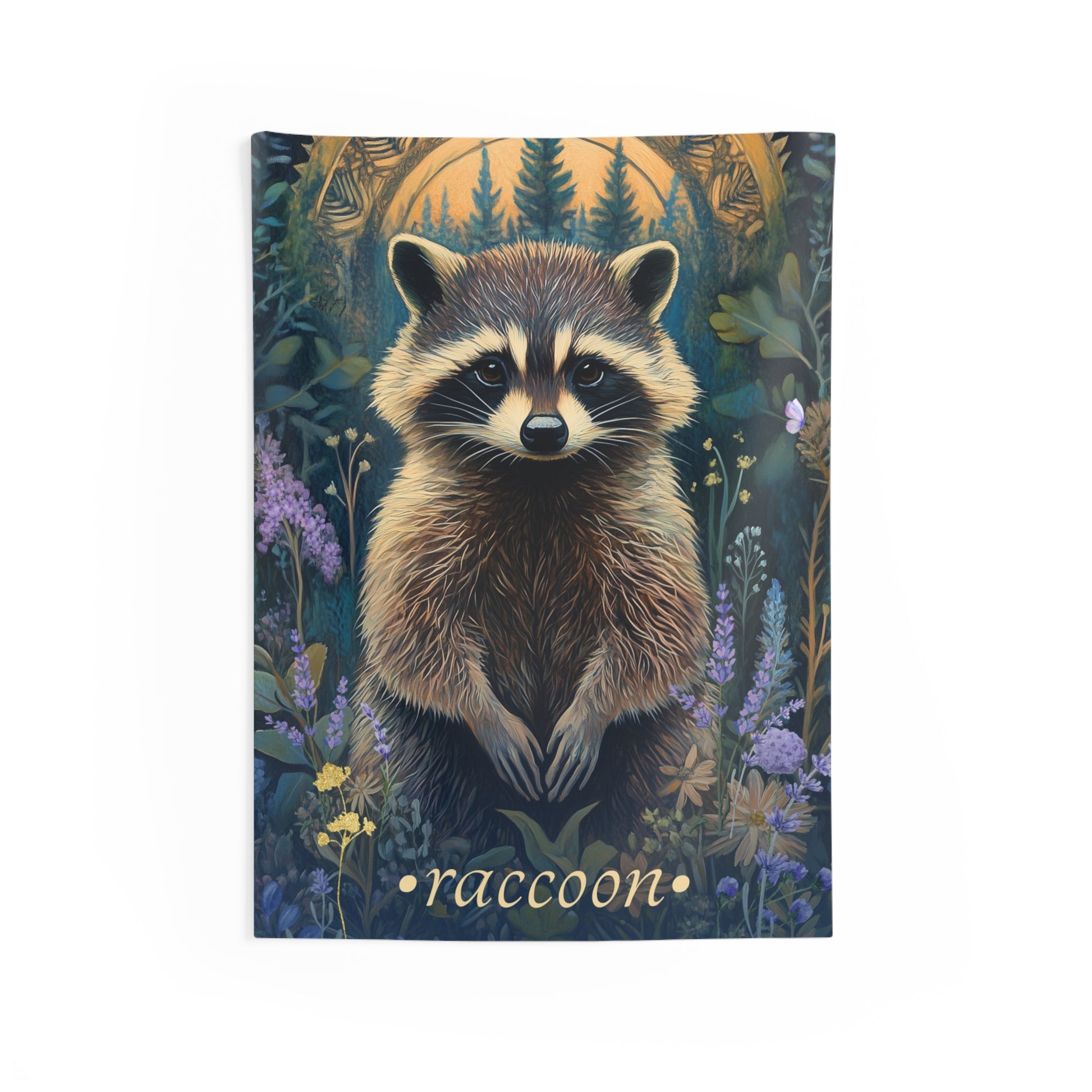 A wall tapestry featuring a whimsical illustration of a raccoon in a forest setting with wildflowers and a glowing woodland arch.