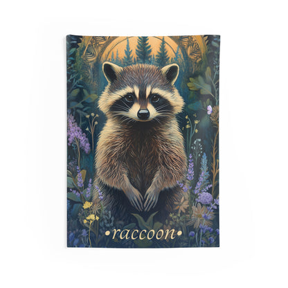 A wall tapestry featuring a whimsical illustration of a raccoon in a forest setting with wildflowers and a glowing woodland arch.
