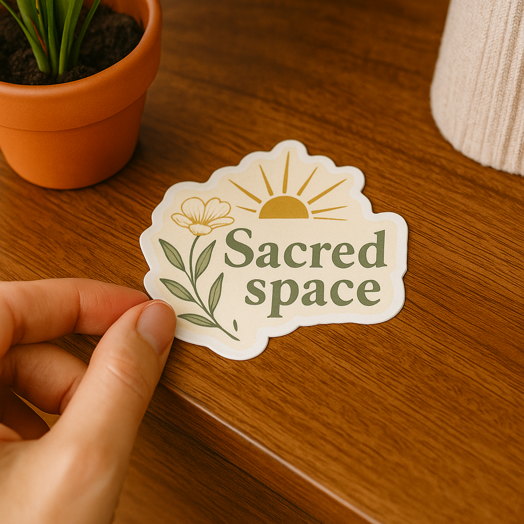 Hand placing a 'Sacred space' sticker on a wooden surface with a potted plant in the background.