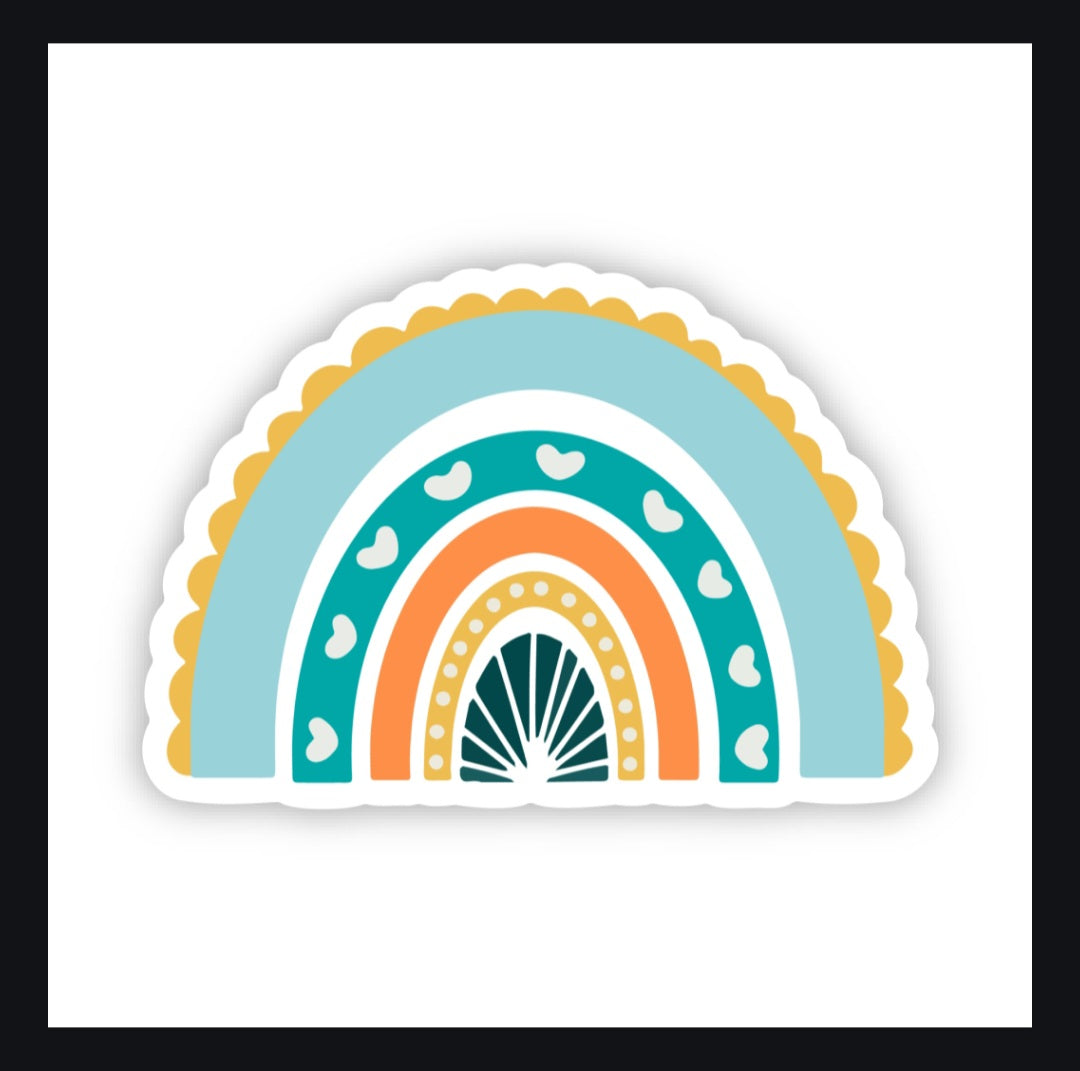 Durable and die-cut Happy Blue Rainbow Sticker, showcasing a vibrant rainbow and heart iconography.