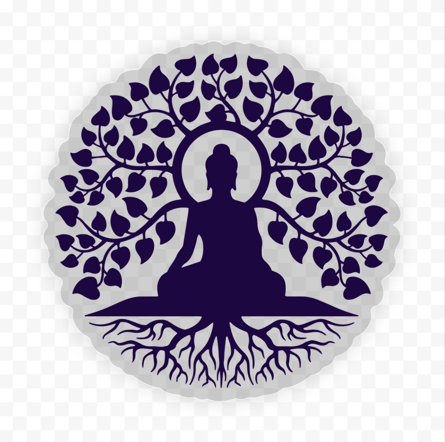 Vibrant Buddha Tree of Life Sticker on a personal item, capturing serene design in deep purple hues, ideal for yoga enthusiasts and nature lovers.