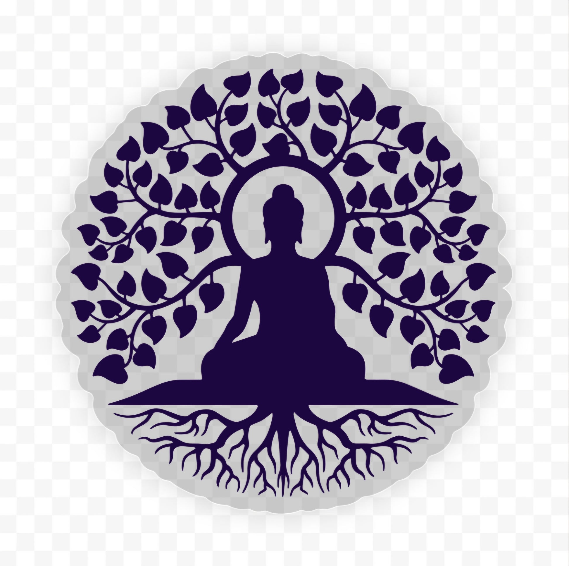 Vibrant Buddha Tree of Life Sticker on a personal item, capturing serene design in deep purple hues, ideal for yoga enthusiasts and nature lovers.