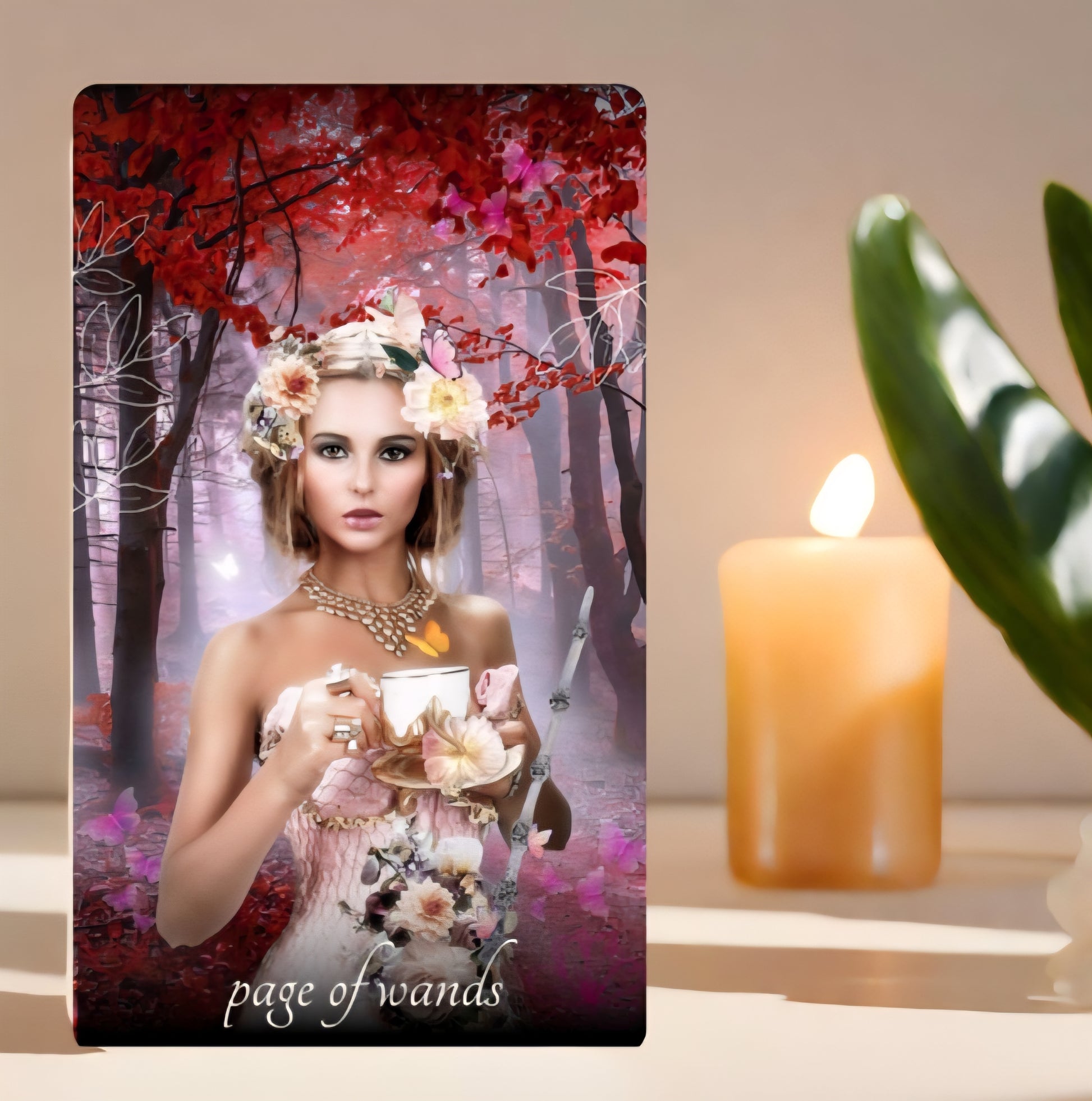 Card featuring a woman in a forest with 'page of wands' text, next to a lit candle and plant.