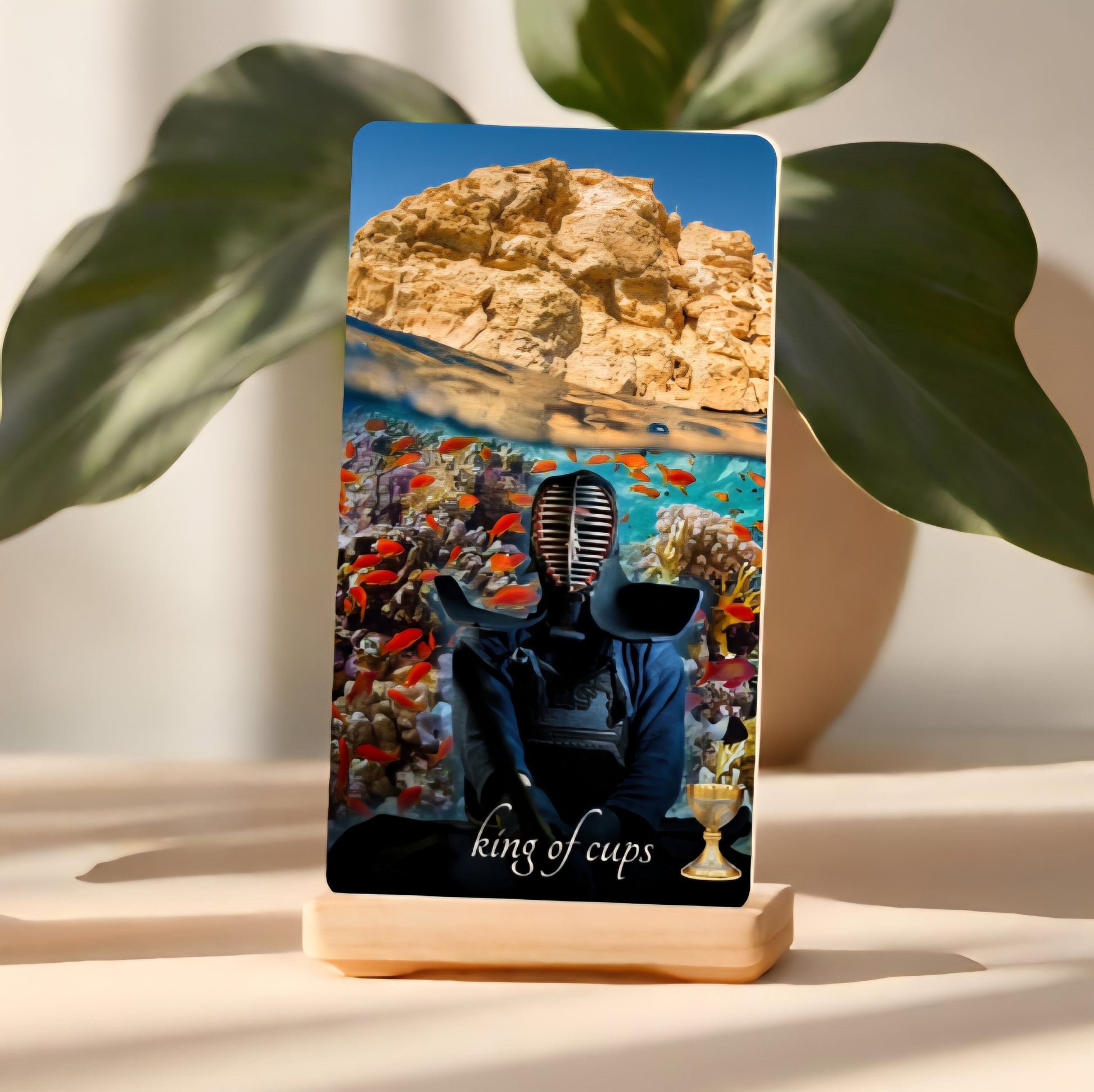 Card titled 'King of Cups' with a kendo player and fish tank design, placed on a stand with leaves in the background.