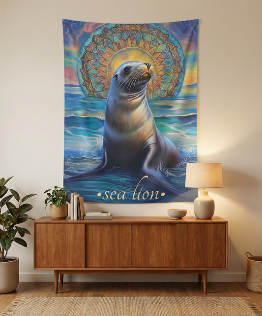 Radiant Sea Lion Wall Tapestry - Stunning Ocean Mandala Art for Boho & Coastal Decor