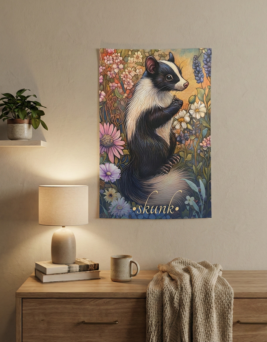 Whimsical Skunk Wall Tapestry – Cozy Botanical Art for Cottagecore Decor, 100% Polyester