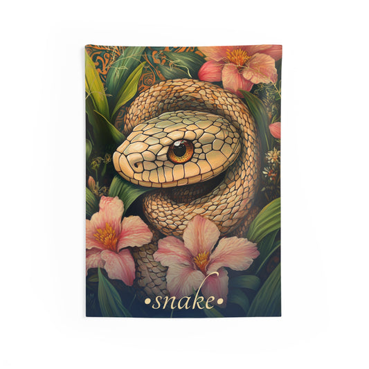 Illustrated snake wall tapestry featuring a coiled snake surrounded by pink flowers and lush green foliage in a detailed botanical art style.