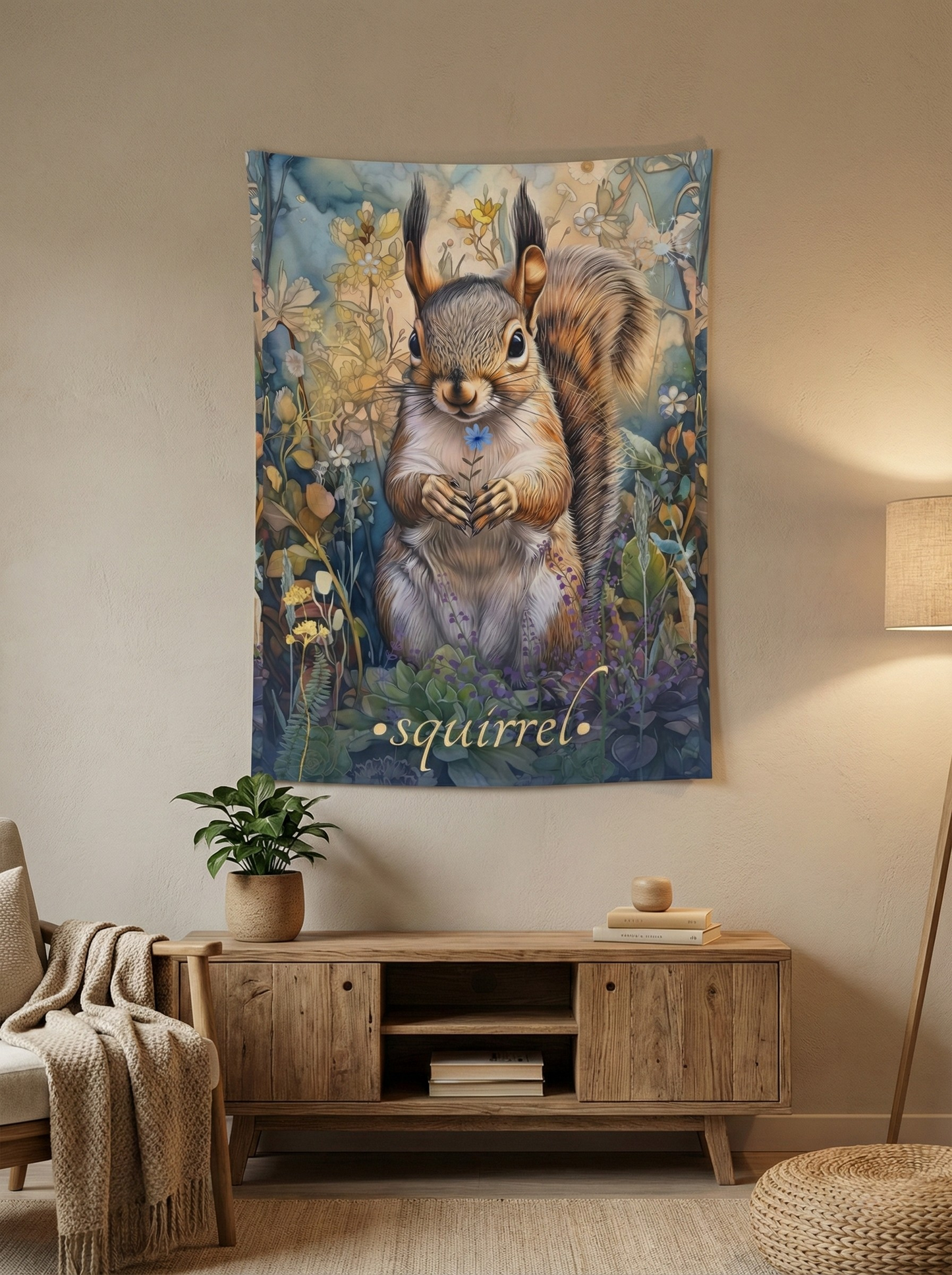 Sweet Squirrel Wall Tapestry - Whimsical Woodland Art in 100% Durable Polyester for Cozy Nature Decor