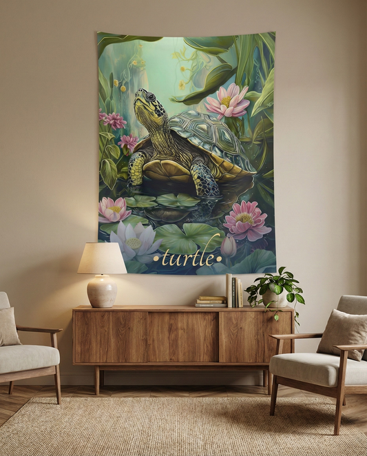 Serene Turtle Wall Tapestry – Enchanted Animal Art for Calming Botanical Decor