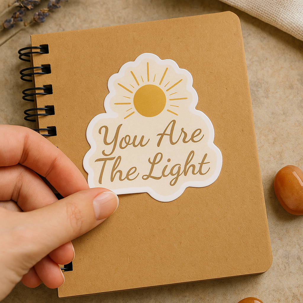 Brown notebook with 'You Are The Light' sticker held by a hand on a beige background