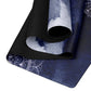 Zen mandala yoga mat featuring a detailed white mandala pattern on a deep blue textured background.