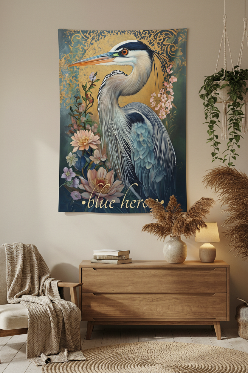 Blue Heron Tapestry Bedroom Mockup 1