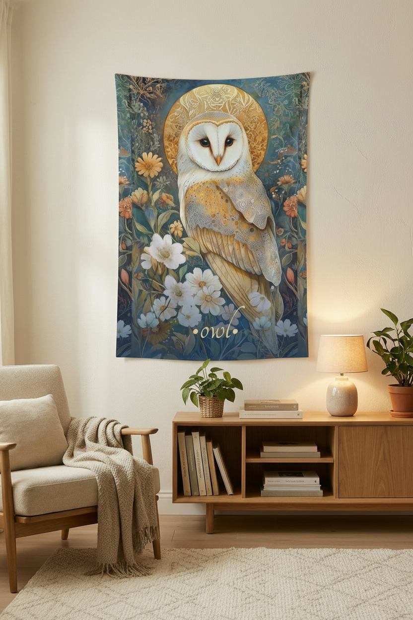 Celestial Owl Tapestry Bedroom Mockup 1