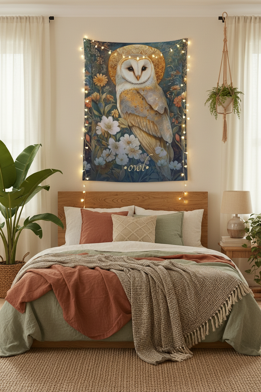 Celestial Owl Tapestry Bedroom Mockup 2