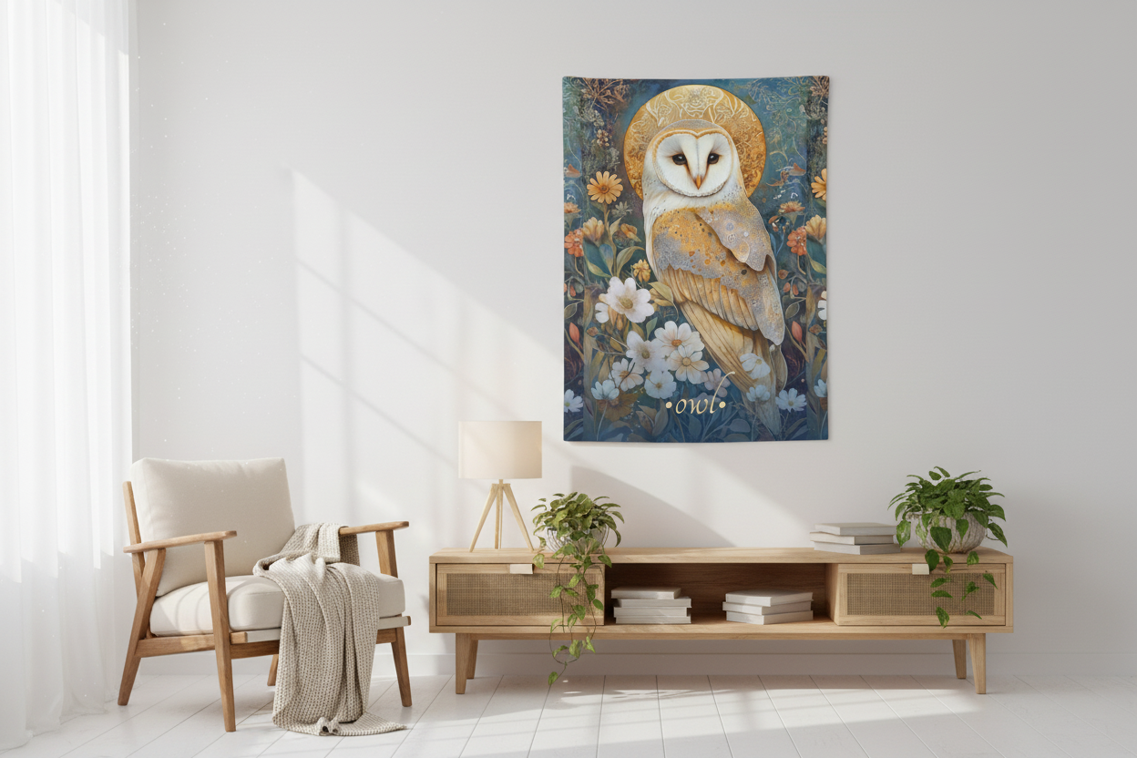 Celestial Owl Tapestry in Bright Boho Living Room