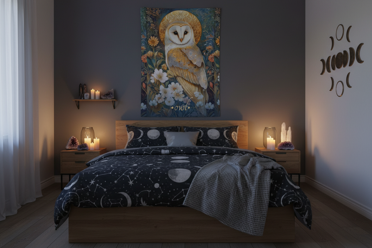 Celestial Owl Tapestry in Mystical Bedroom