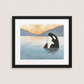 Eco-friendly Ayous wood frame with a Framed Orca Dawn Watercolor Print, highlighting rich colors and details of the orca watercolor print, ideal for enhancing home or office spaces.