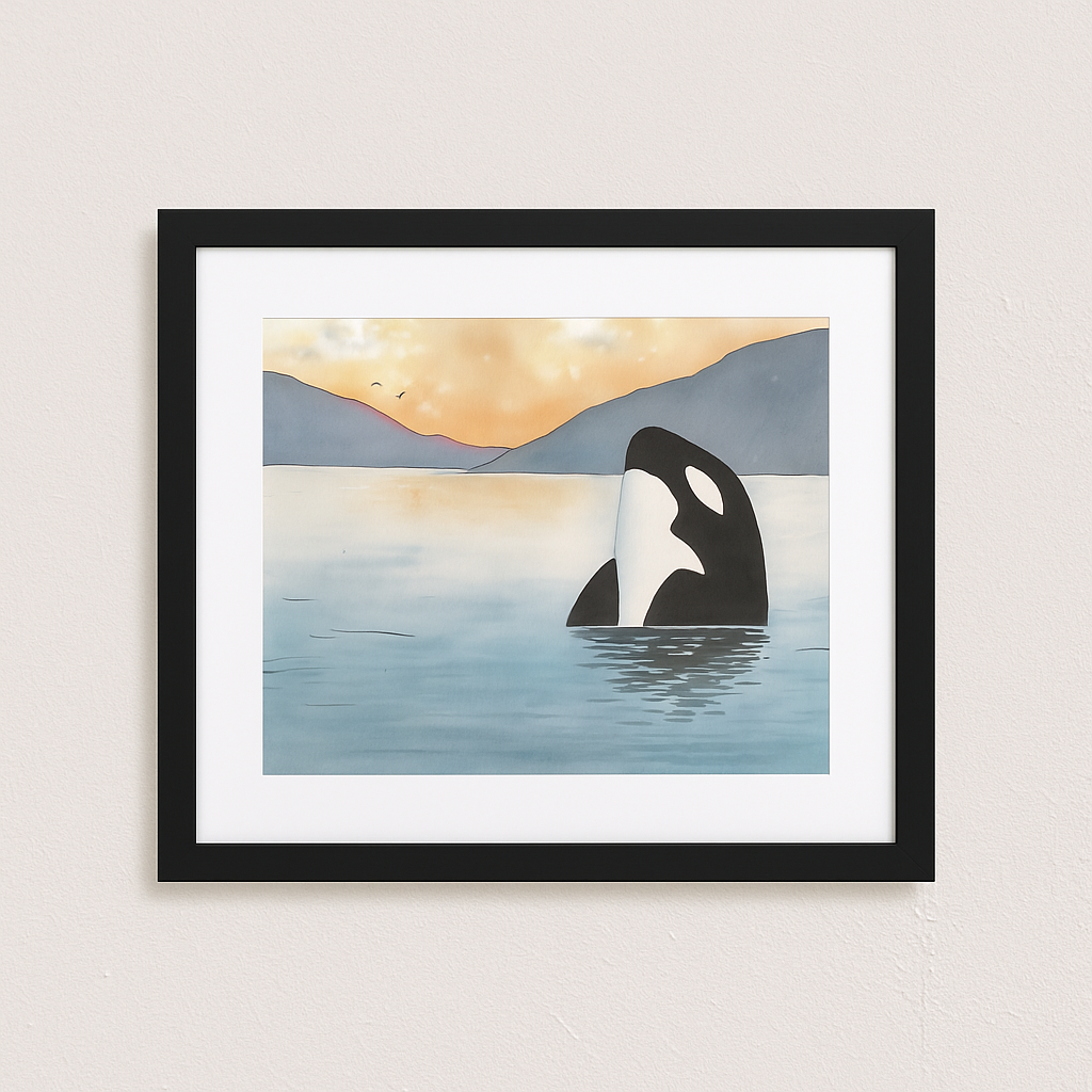 Eco-friendly Ayous wood frame with a Framed Orca Dawn Watercolor Print, highlighting rich colors and details of the orca watercolor print, ideal for enhancing home or office spaces.