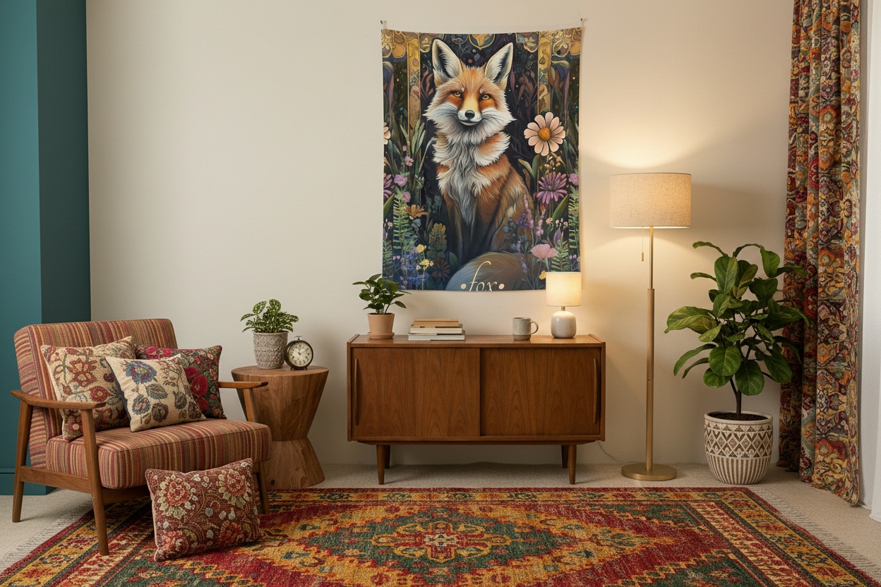 Fox Tapestry in Eclectic Bedroom