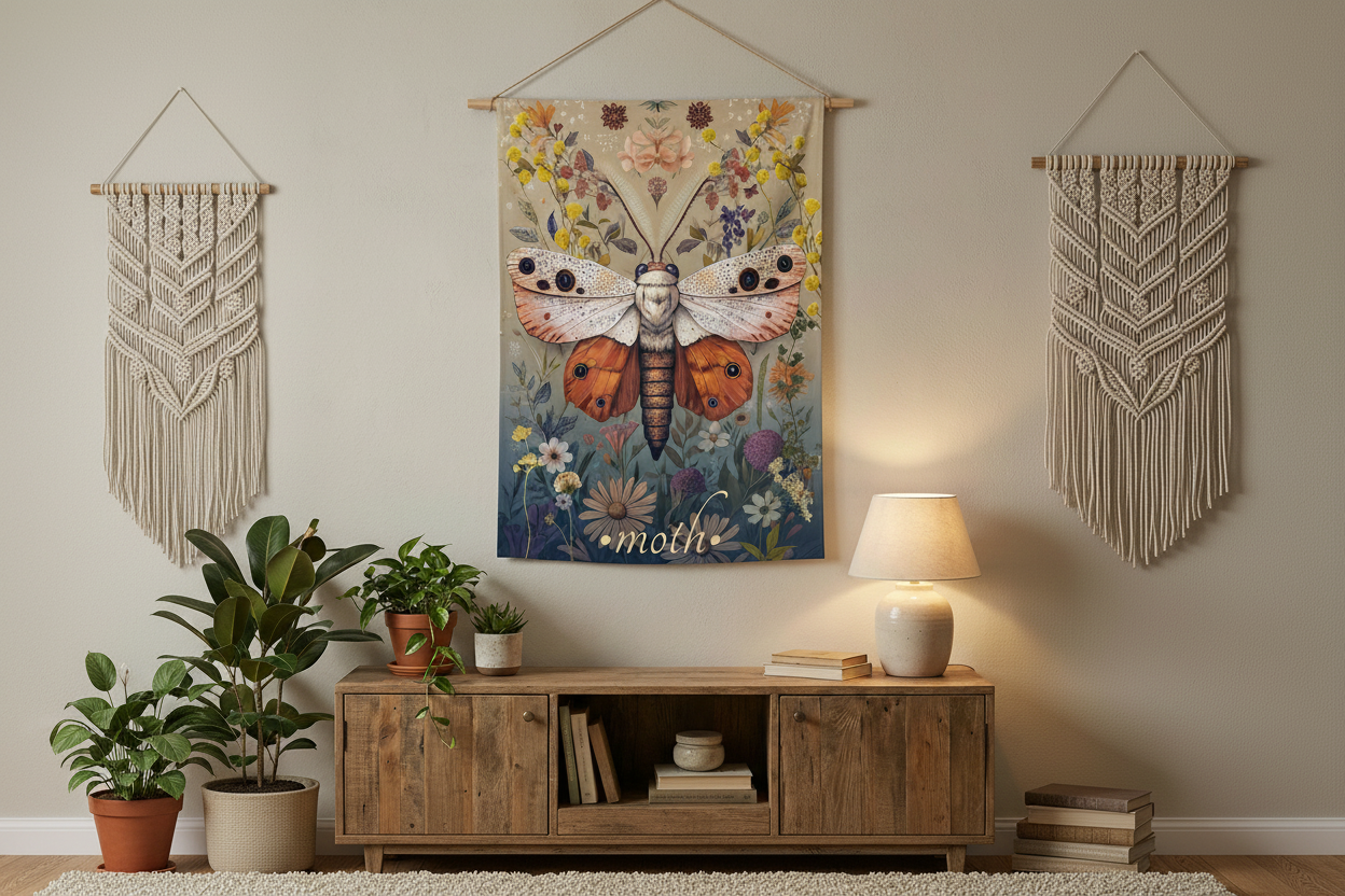 Moth Tapestry in Bohemian Bedroom