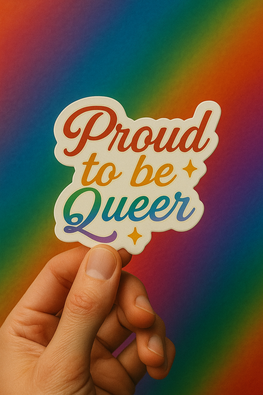 Hand holding a sticker with 'Proud to be Queer' text against a rainbow background