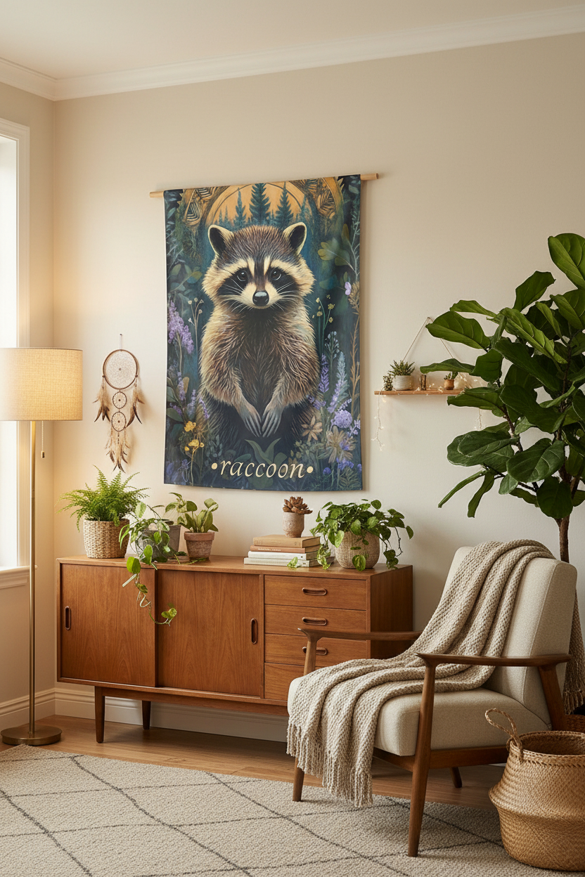 Raccoon Tapestry Bedroom Mockup 1