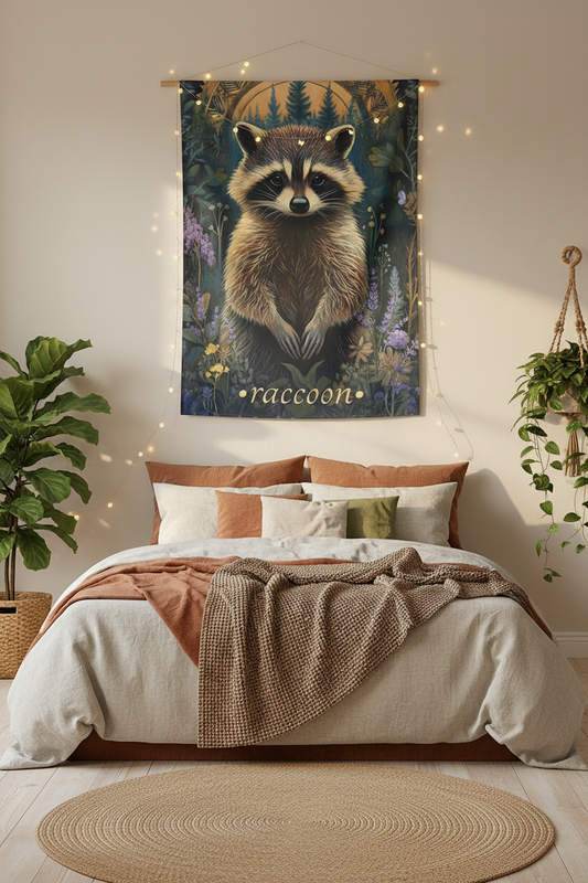 Raccoon Tapestry Bedroom Mockup 2