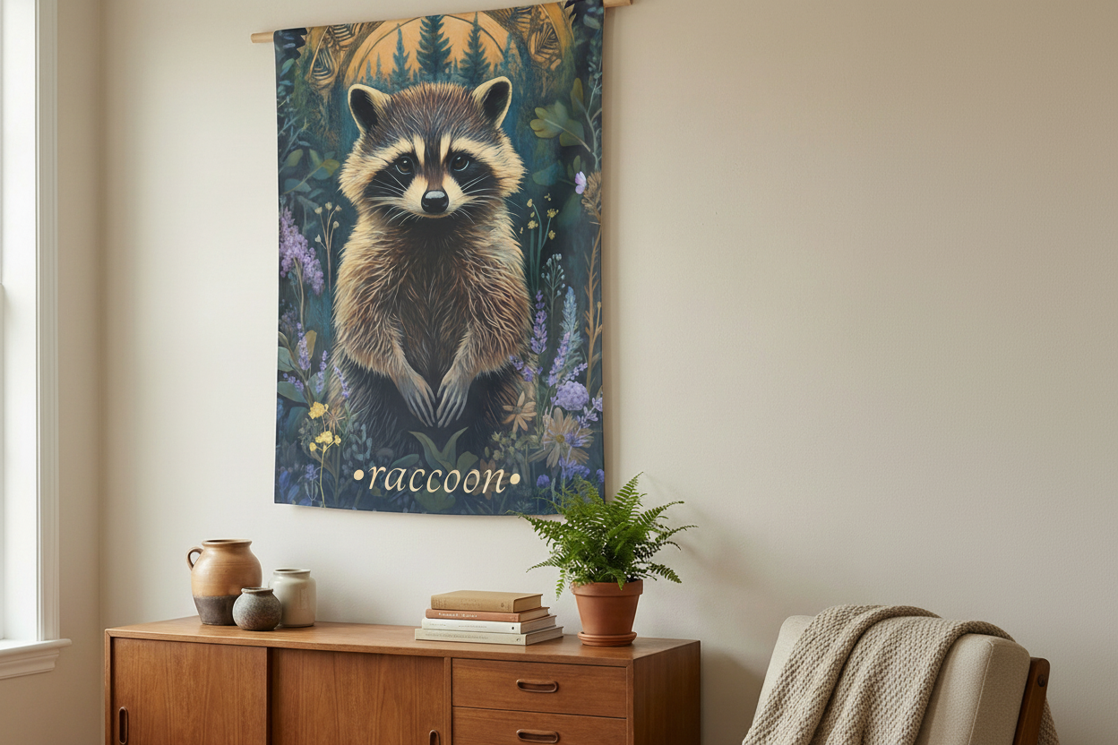 Raccoon Tapestry in Nature-Inspired Living Room