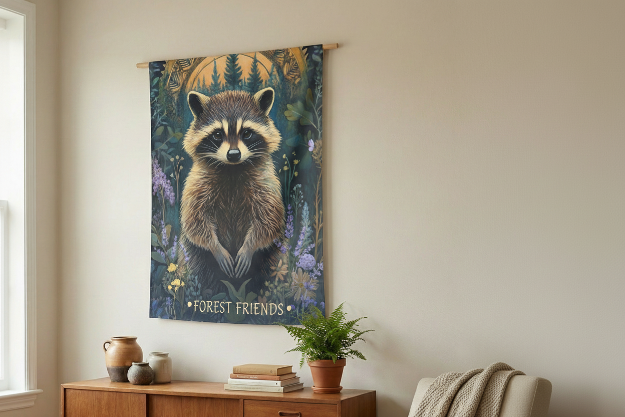 Raccoon Tapestry in Woodland Bedroom