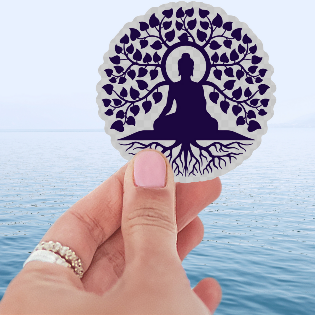 Buddha Tree of Life Sticker - Clear Transparent Vinyl design showcasing an intricate Buddha surrounded by flourishing tree, symbolizing growth and peace. Perfect for adding zen aesthetics.